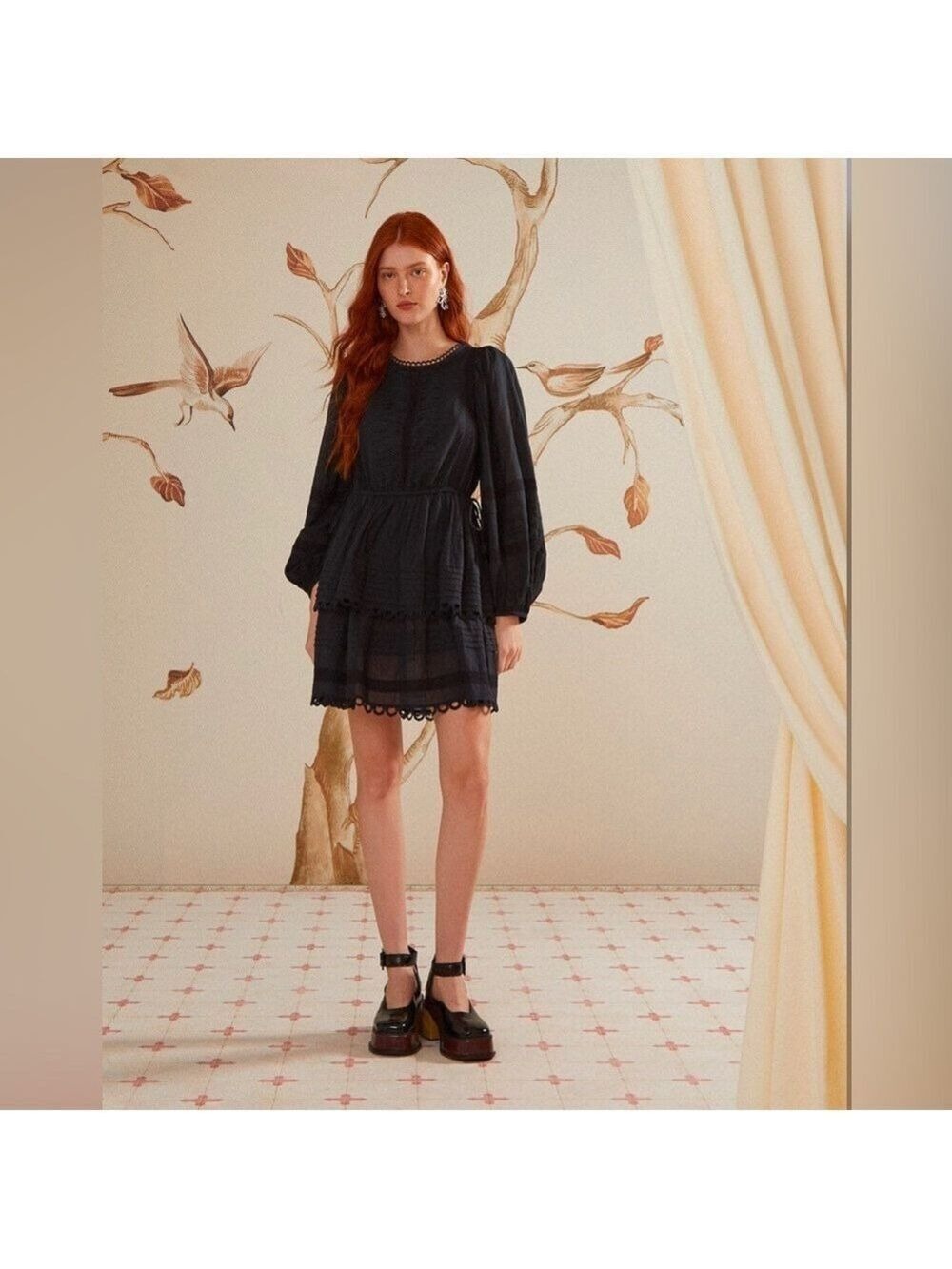 Farm Rio Black Lace Long Sleeve Mini Dress